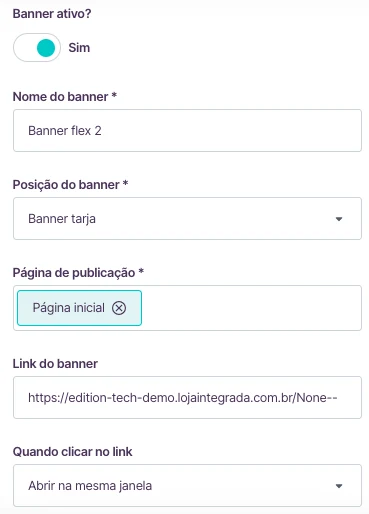 Formulário de banner flex na Loja Integrada, com posição Banner tarja