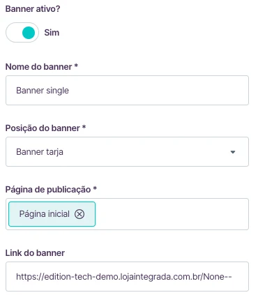 Formulário de banner single na Loja Integrada, com posição Banner tarja