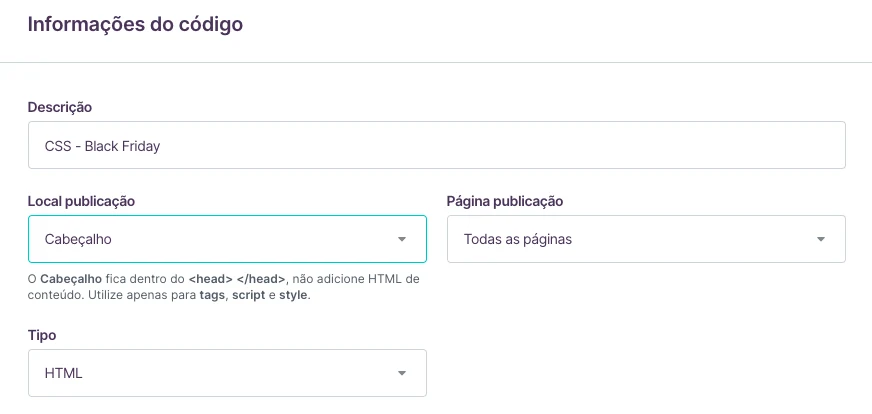 Campos do código CSS - Black Friday preenchidos