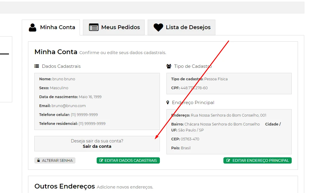 Página Minha conta com o botão Sair da conta destacado