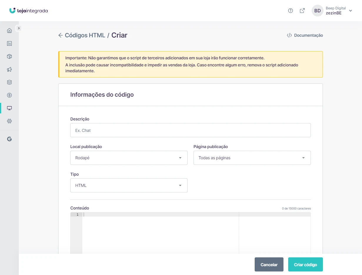 Formulário Informações do código