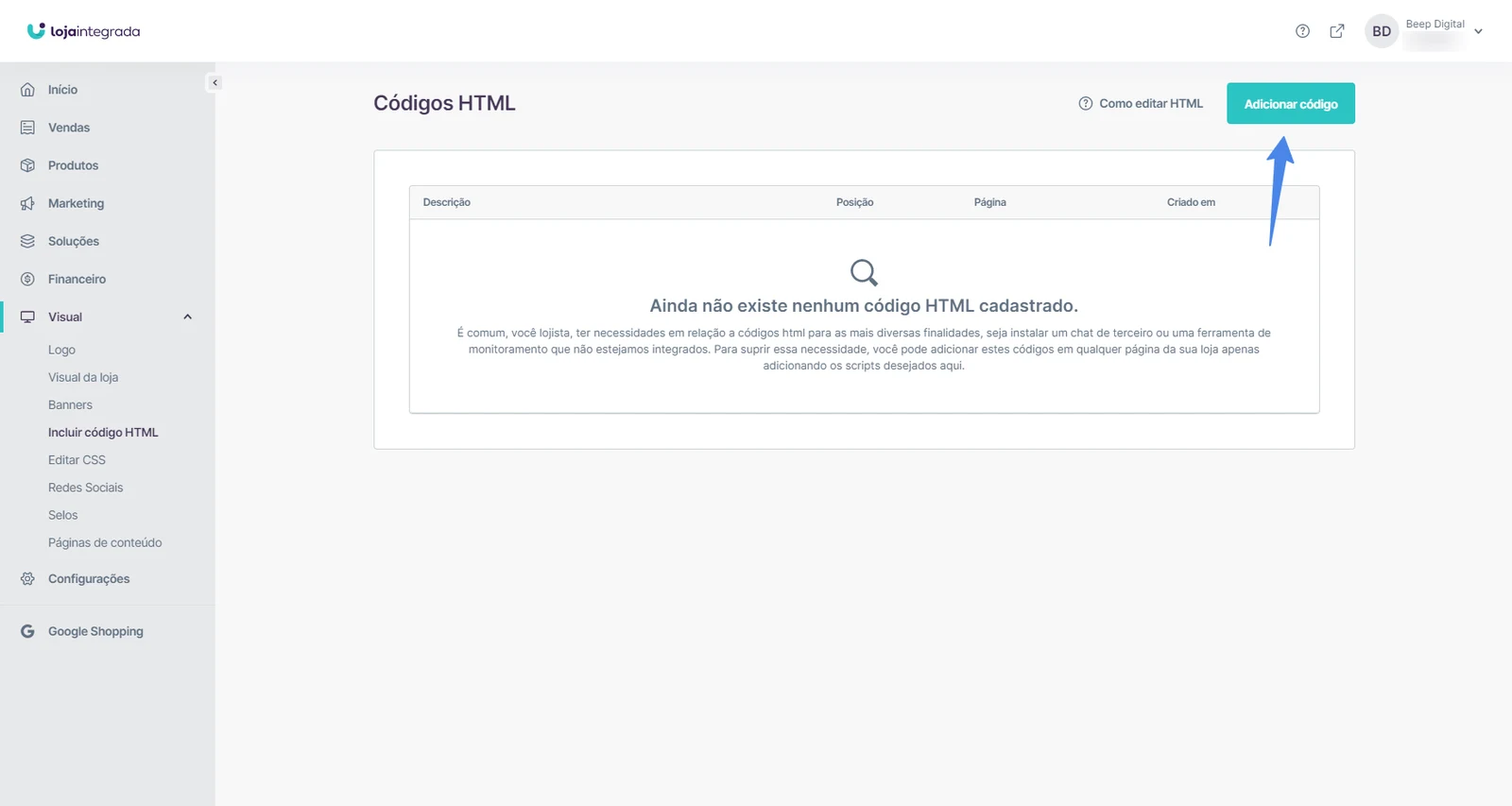 Tela Códigos HTML com o botão Adicionar código