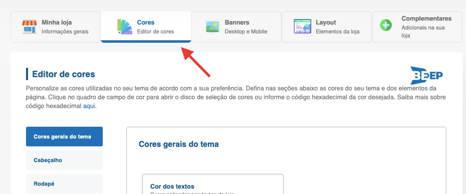 Aba Cores, com o Editor de cores