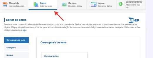 Aba Cores, com o Editor de cores