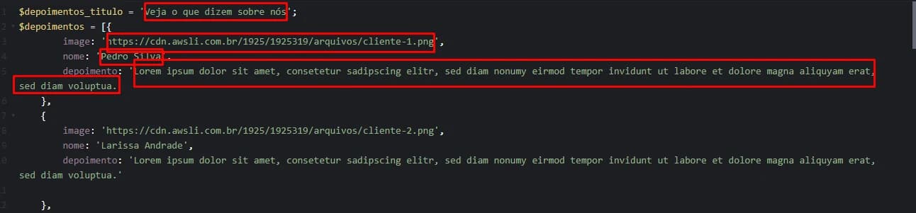 Código dos depoimentos com título, imagem e texto destacados