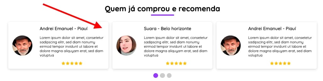 Exemplo da seção de depoimentos na página inicial