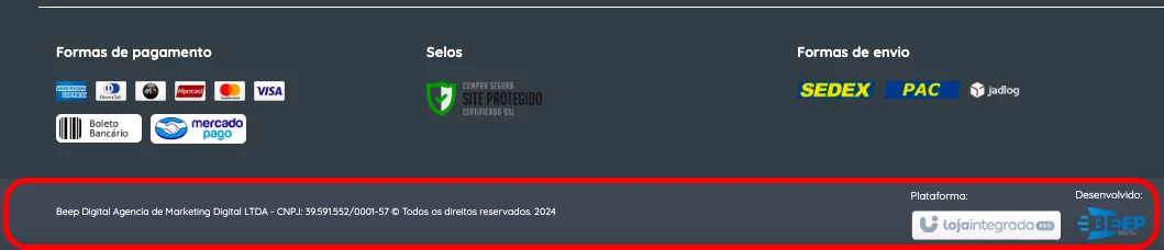 Faixa de direitos reservados no final do rodapé