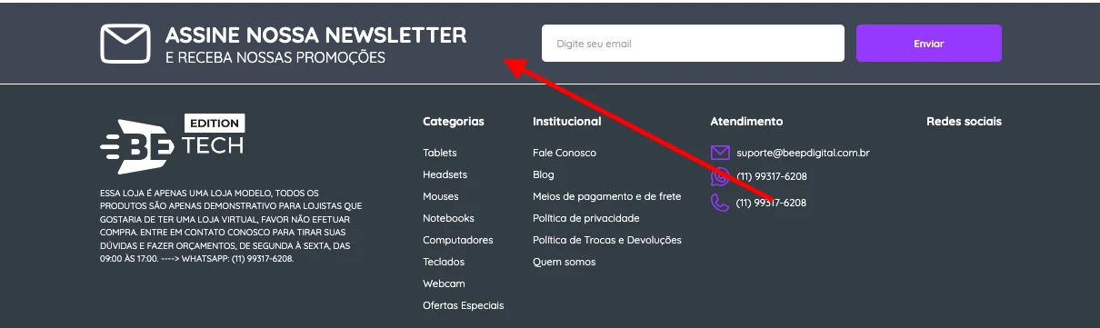 Faixa da newsletter acima do rodapé