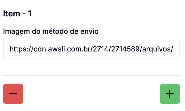 Campo Imagem do método de envio com os botões de remover e adicionar