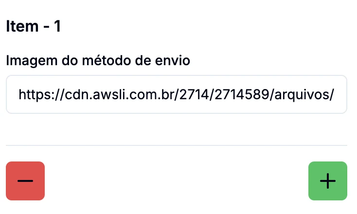 Campo Imagem do método de envio com os botões de remover e adicionar