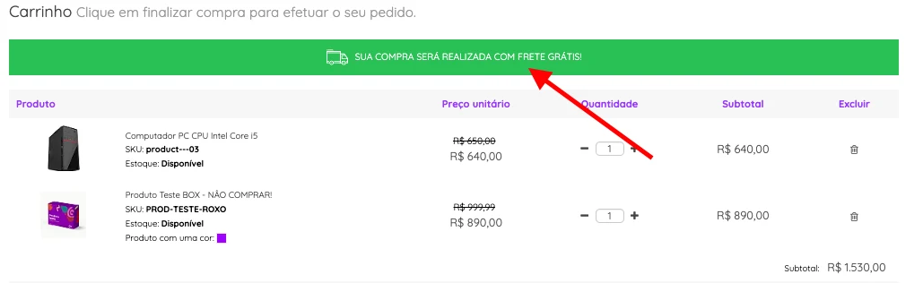 Aviso de frete grátis no carrinho
