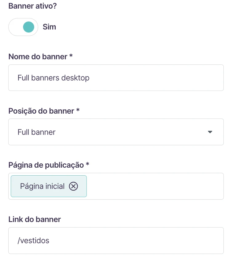 Formulário de banner na Loja Integrada, com nome e posição Full banner