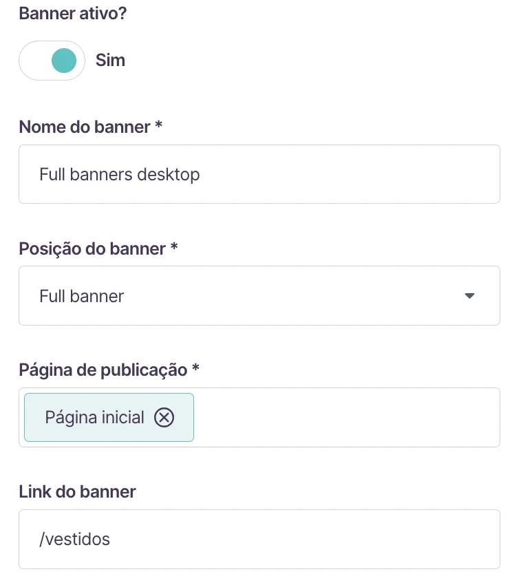 Formulário de banner na Loja Integrada, com nome e posição Full banner