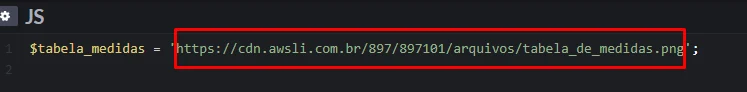 Código com o link da tabela de medidas destacado