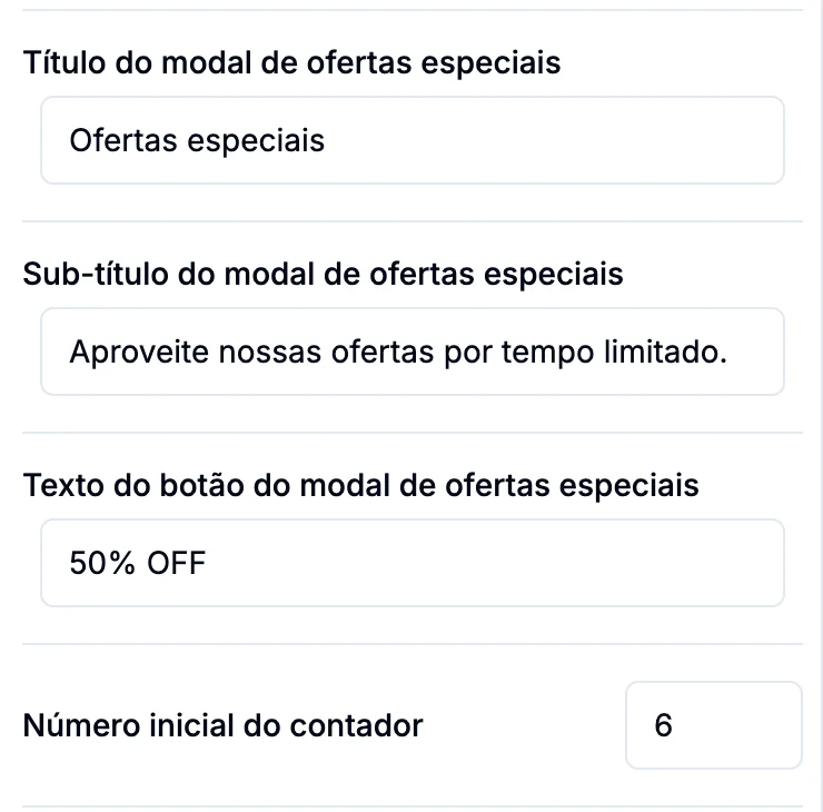 Campos do modal de ofertas especiais
