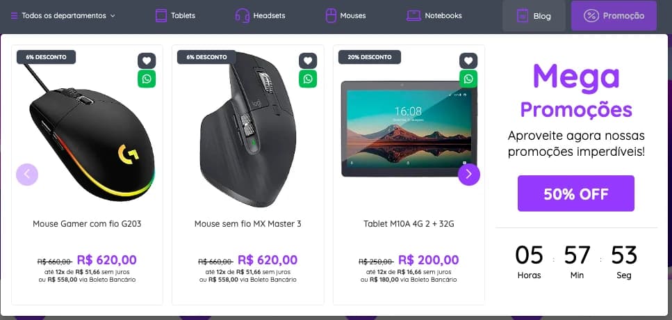 Janela de ofertas aberta no menu