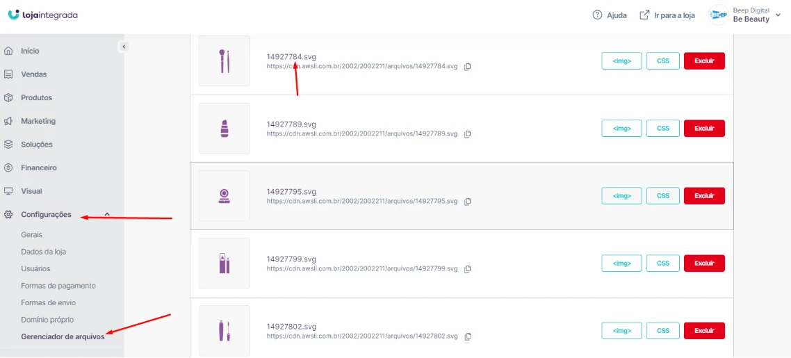 Gerenciador de arquivos com ícones nomeados pelo ID da categoria