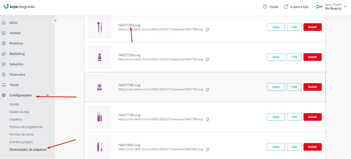 Gerenciador de arquivos com ícones nomeados pelo ID da categoria