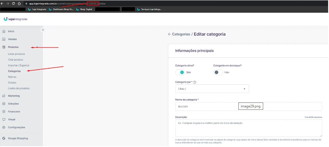Endereço da página de editar categoria, com o ID destacado