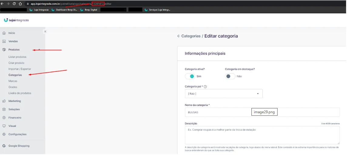 Endereço da página de editar categoria, com o ID destacado