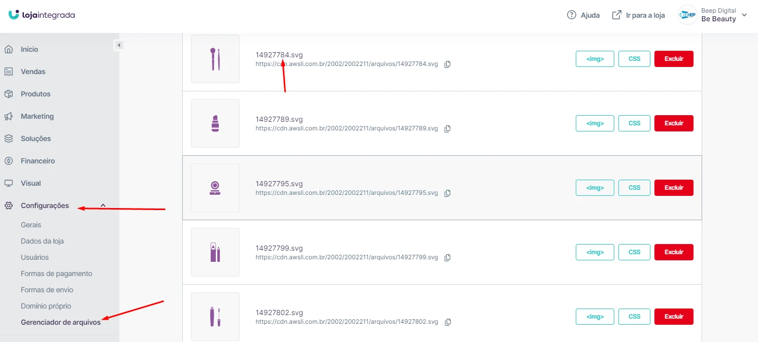 Gerenciador de arquivos com ícones nomeados pelo ID da categoria