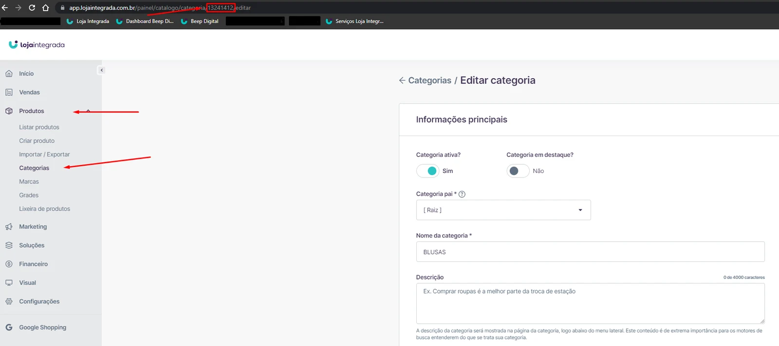 Endereço da página de edição da categoria com o ID destacado