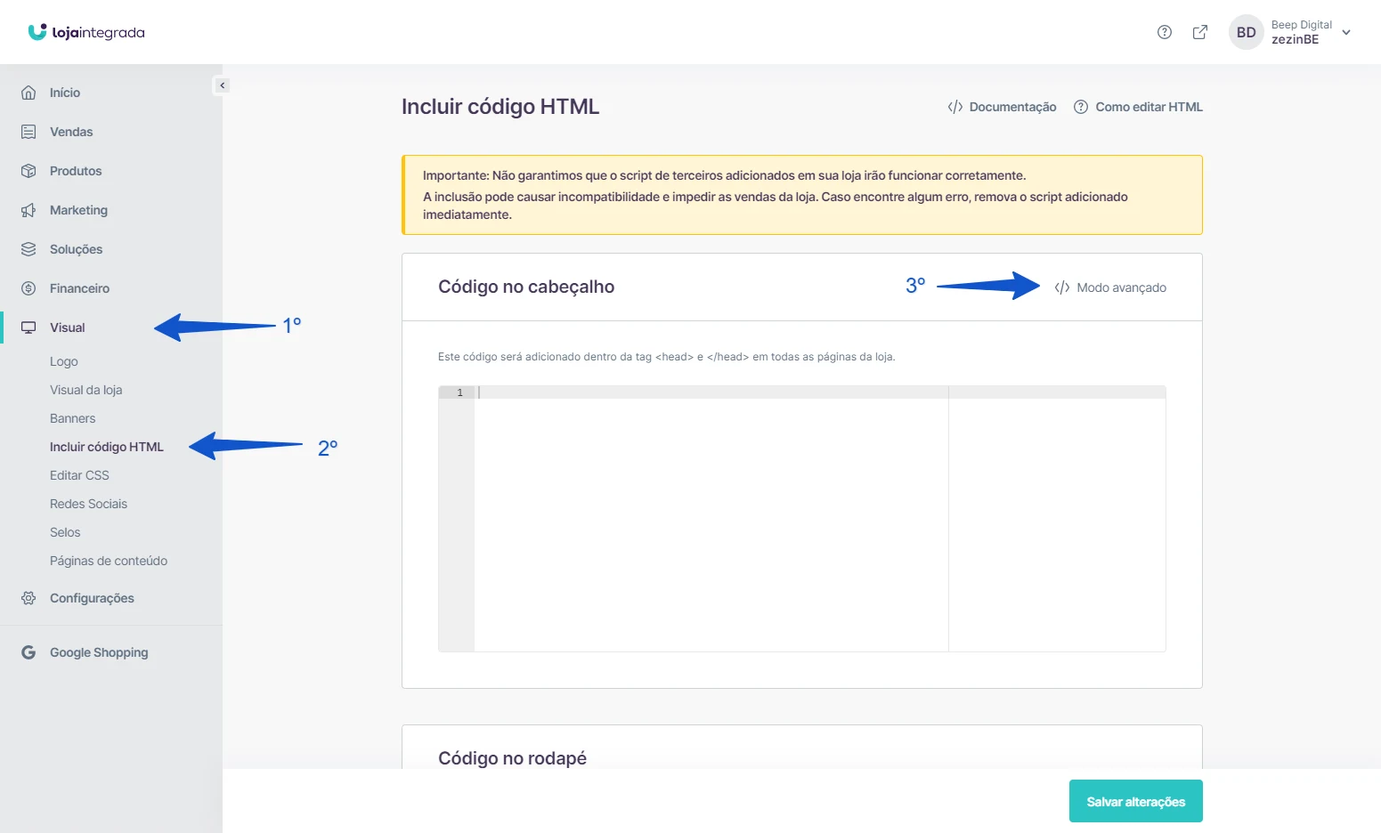 Menu Visual, opção Incluir código HTML e o botão Modo avançado