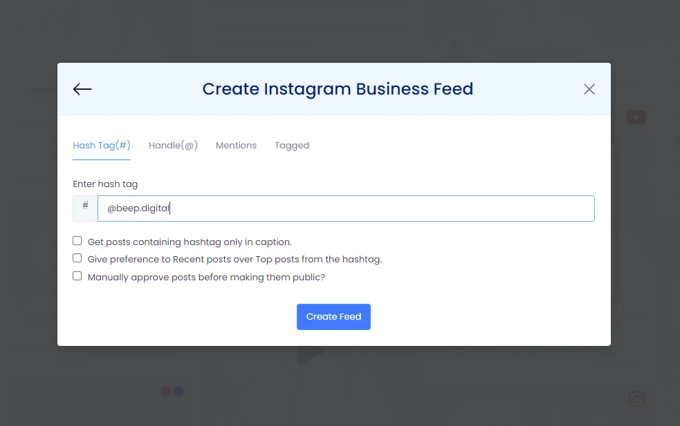 Tela Create Instagram Business Feed com o nome da conta