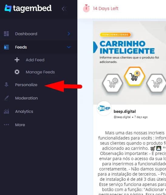Menu Personalize do Tagembed