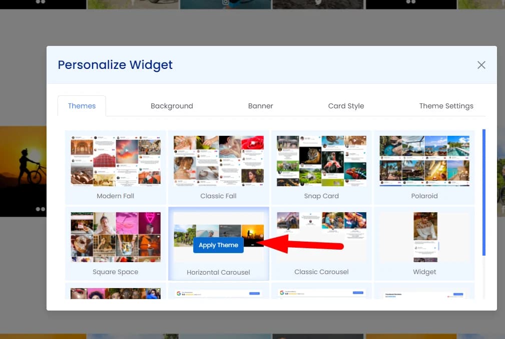 Opções de tema do widget, com Horizontal Carousel destacado