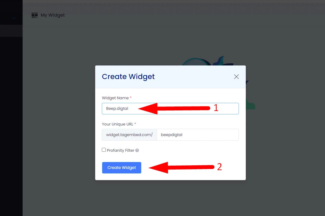 Campo Widget Name e botão Create Widget