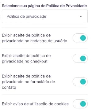 Opções de aceite da política de privacidade e do aviso de cookies