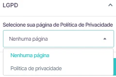 Campo Selecione sua página de Política de Privacidade