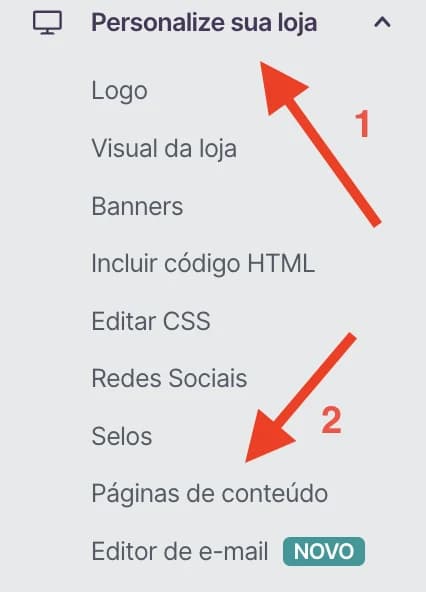 Menu Personalize sua loja, opção Páginas de conteúdo