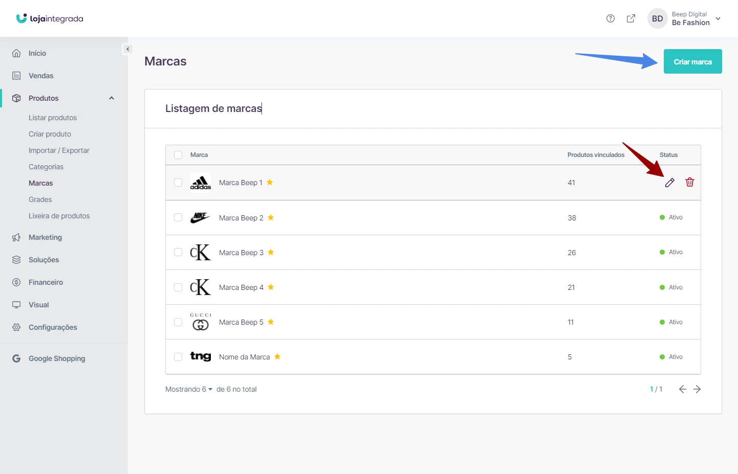 Lista de marcas com o botão Criar marca e o ícone de editar