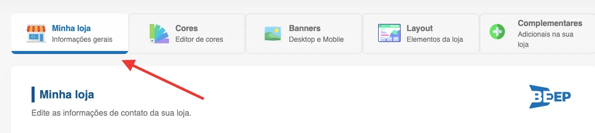 Abas do painel da Beep: Minha loja, Cores, Banners, Layout e Complementares