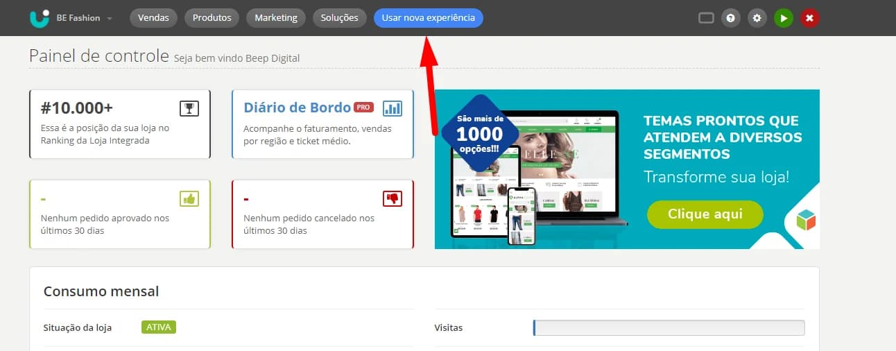Painel antigo com o botão Usar nova experiência destacado