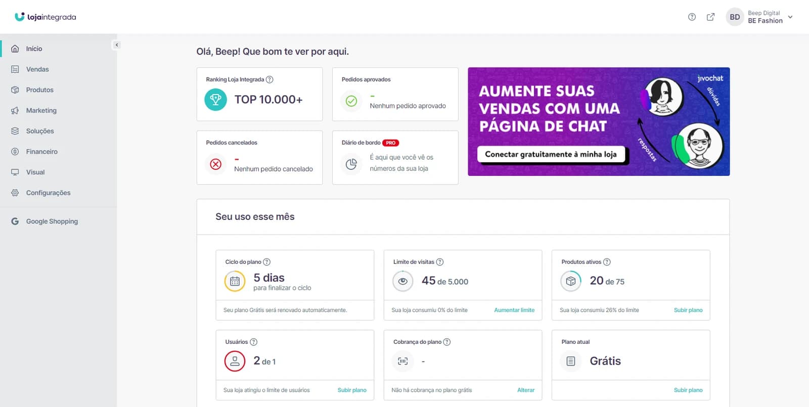 Painel novo da Loja Integrada