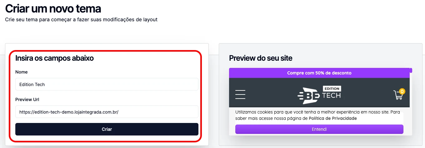 Formulário Criar um novo tema, com nome, endereço da loja e prévia