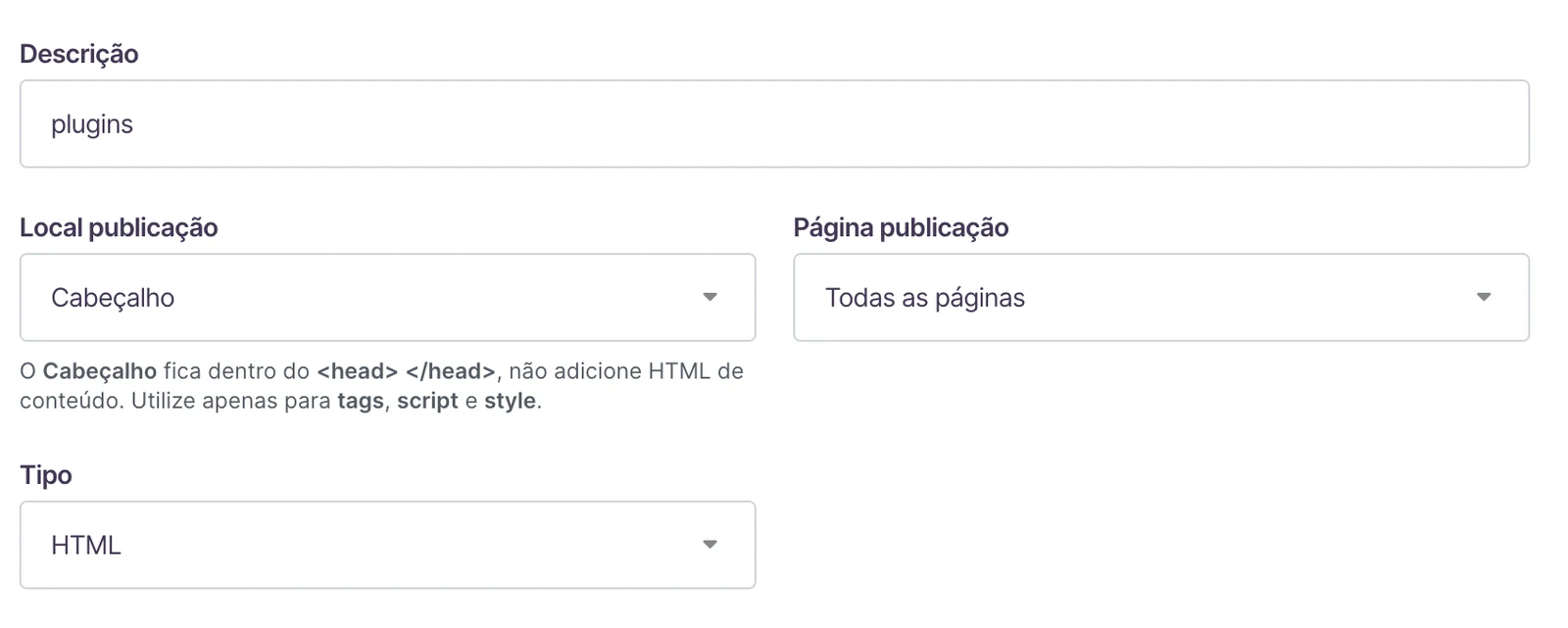 Campos do código Plugins preenchidos