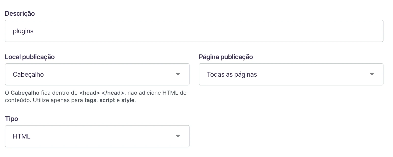 Campos do código Plugins preenchidos