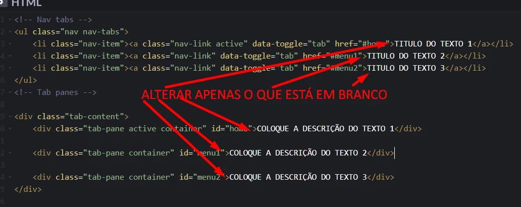Modelo das abas com os textos a trocar destacados