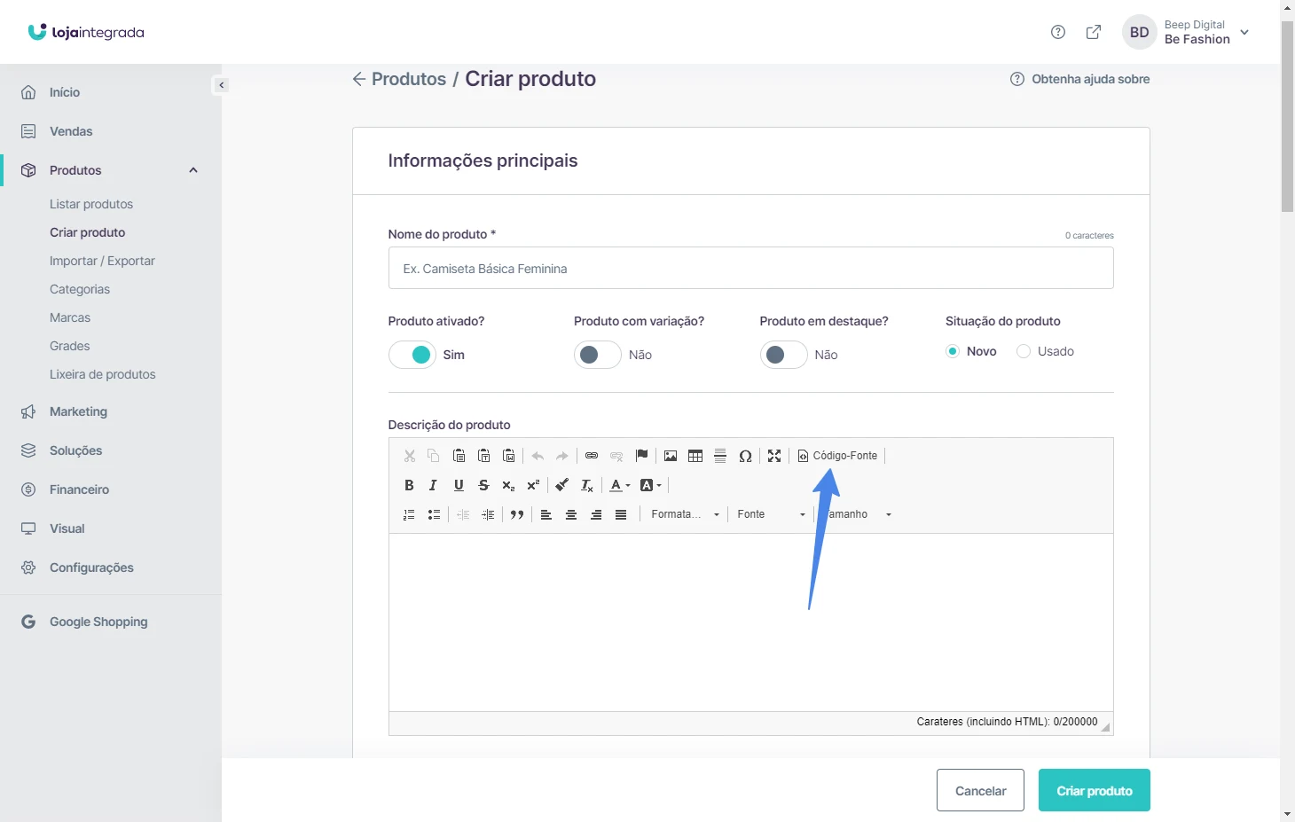 Editor da descrição do produto com o botão Código-Fonte destacado