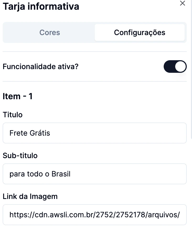 Campos de um item da tarja informativa