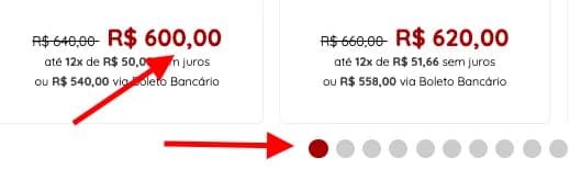 Exemplo da cor primária no preço e nos pontos do carrossel
