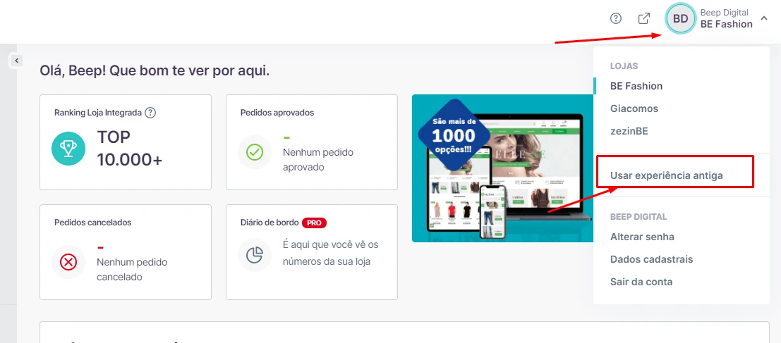 Menu do perfil com a opção Usar experiência antiga