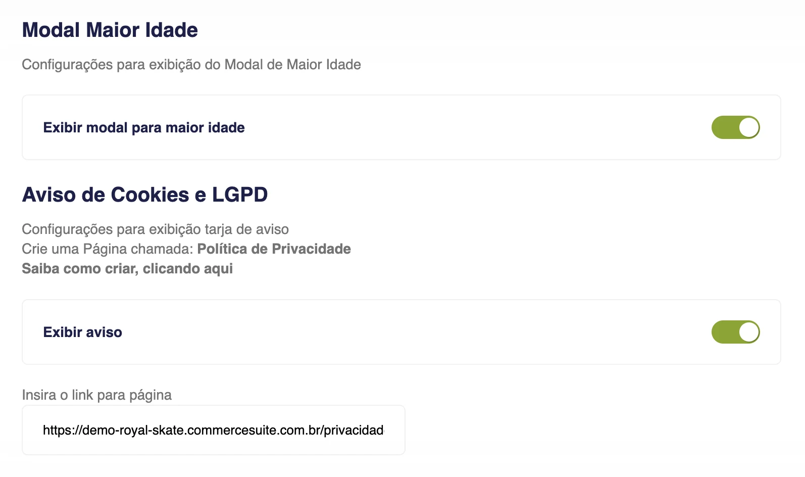 Modal maior idade e Aviso de cookies e LGPD