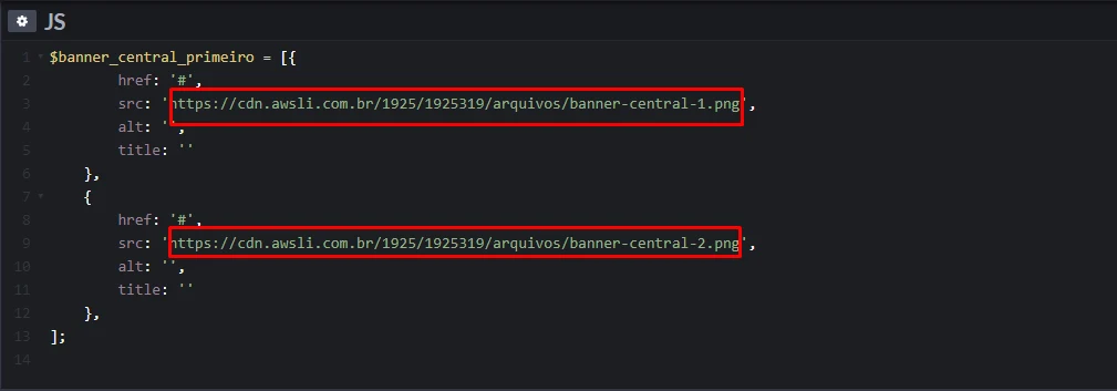 Código dos banners centrais com os links das imagens destacados