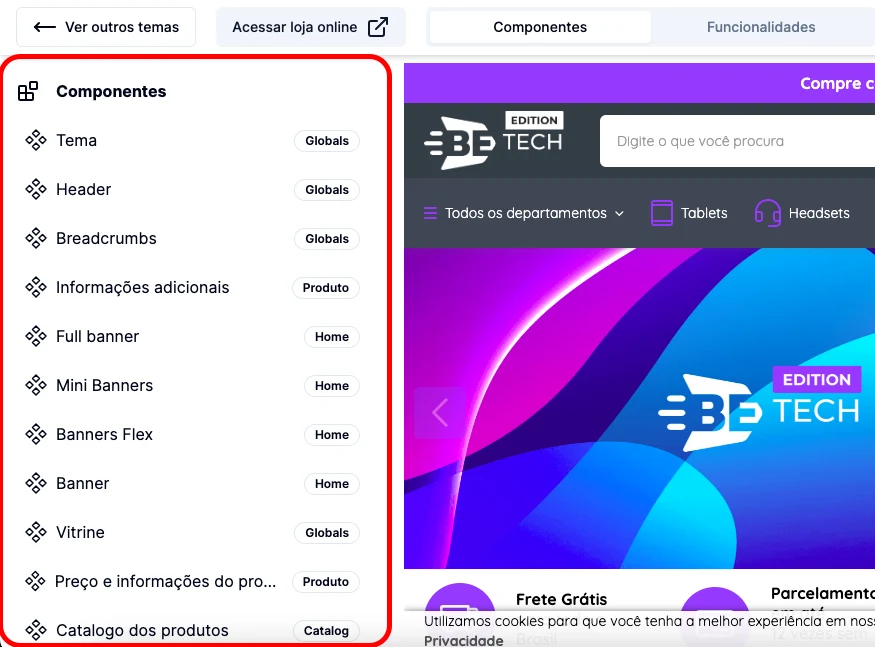 Lista de componentes no painel Beep Theme