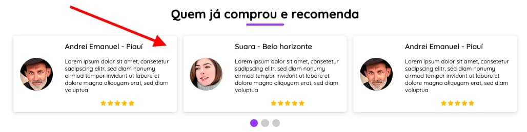 Exemplo da seção de depoimentos na página inicial
